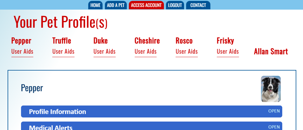 Account Management user interface example showing multiple pets & pet-parent navigation.